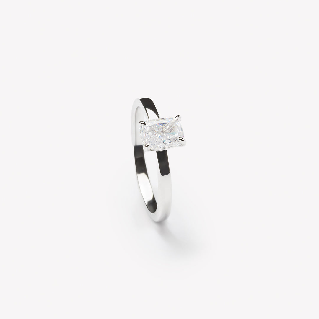 Radiant cut engagement ring by IRALIS featuring lab-grown diamonds in DEF color, VS1–VS2 clarity, Zurich designed