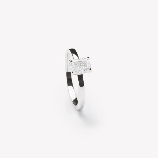 Radiant cut engagement ring by IRALIS featuring lab-grown diamonds in DEF color, VS1–VS2 clarity, Zurich designed