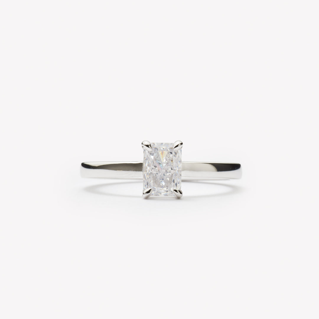 Radiant cut engagement ring by IRALIS featuring lab-grown diamonds in DEF color, VS1–VS2 clarity, Zurich designed