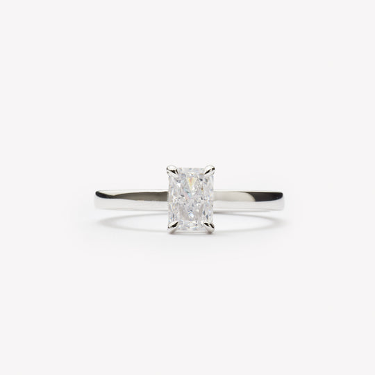 Radiant cut engagement ring by IRALIS featuring lab-grown diamonds in DEF color, VS1–VS2 clarity, Zurich designed