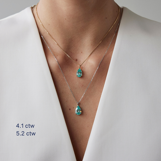 Pear cut necklace by IRALIS featuring lab-grown Paraiba stones in vibrant turquoise, Zurich designed and custom made on model