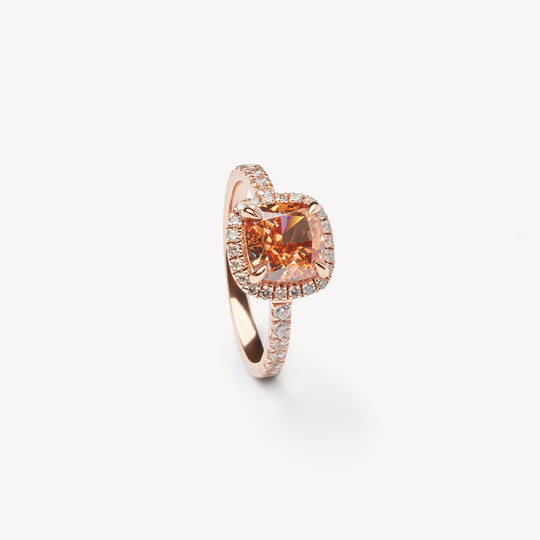 Cushion cut champagne diamond ring by IRALIS featuring lab-grown diamonds with VS1–VS2 clarity, Zurich designed