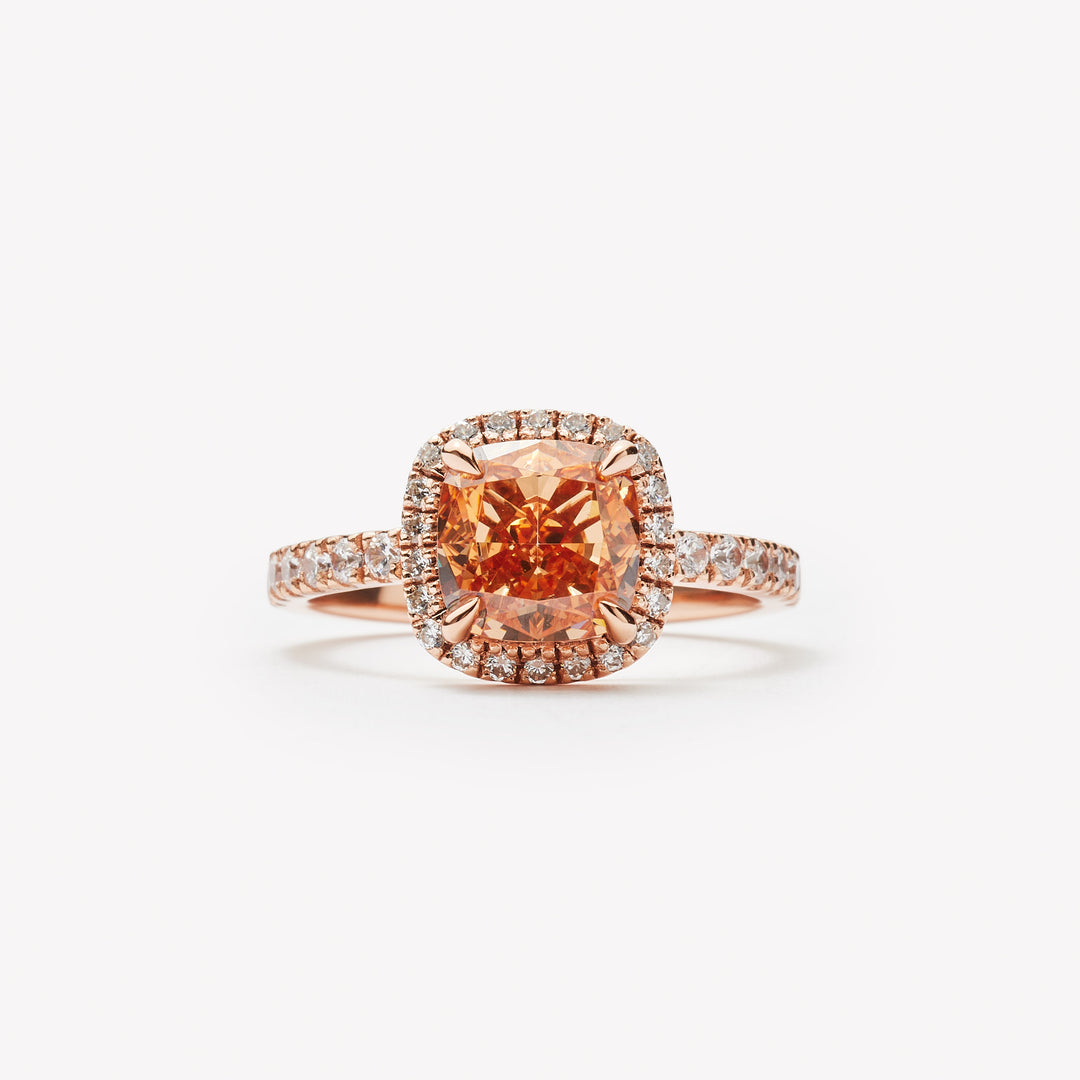 Cushion cut champagne diamond ring by IRALIS featuring lab-grown diamonds with VS1–VS2 clarity, Zurich designed