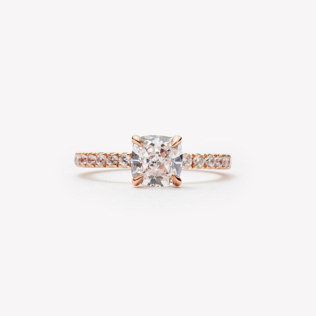 Cushion cut engagement ring by IRALIS featuring lab-grown diamonds with DEF color and VS1–VS2 clarity, Zurich designed