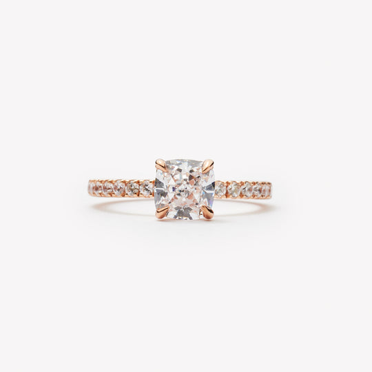 Cushion cut engagement ring by IRALIS featuring lab-grown diamonds with DEF color and VS1–VS2 clarity, Zurich designed