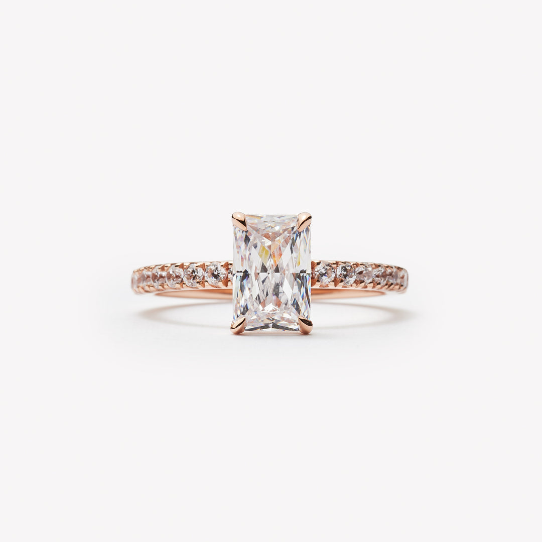 Radiant cut engagement ring featuring pave band by IRALIS – Zurich-designed fine jewelry with DEF color and VS1–VS2 clarity.