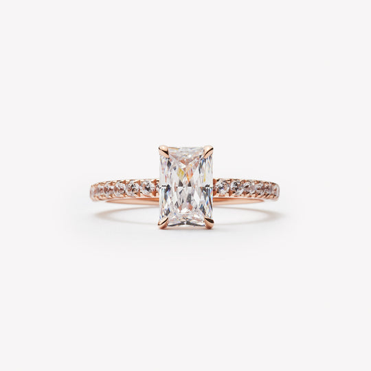 Radiant cut engagement ring featuring pave band by IRALIS – Zurich-designed fine jewelry with DEF color and VS1–VS2 clarity.
