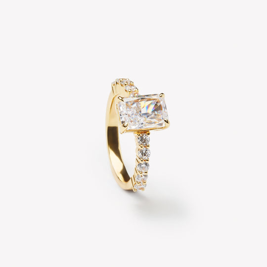 Radiant cut engagement ring by IRALIS with pave band and lab-grown diamonds in DEF color, VS1–VS2 clarity, Zurich designed