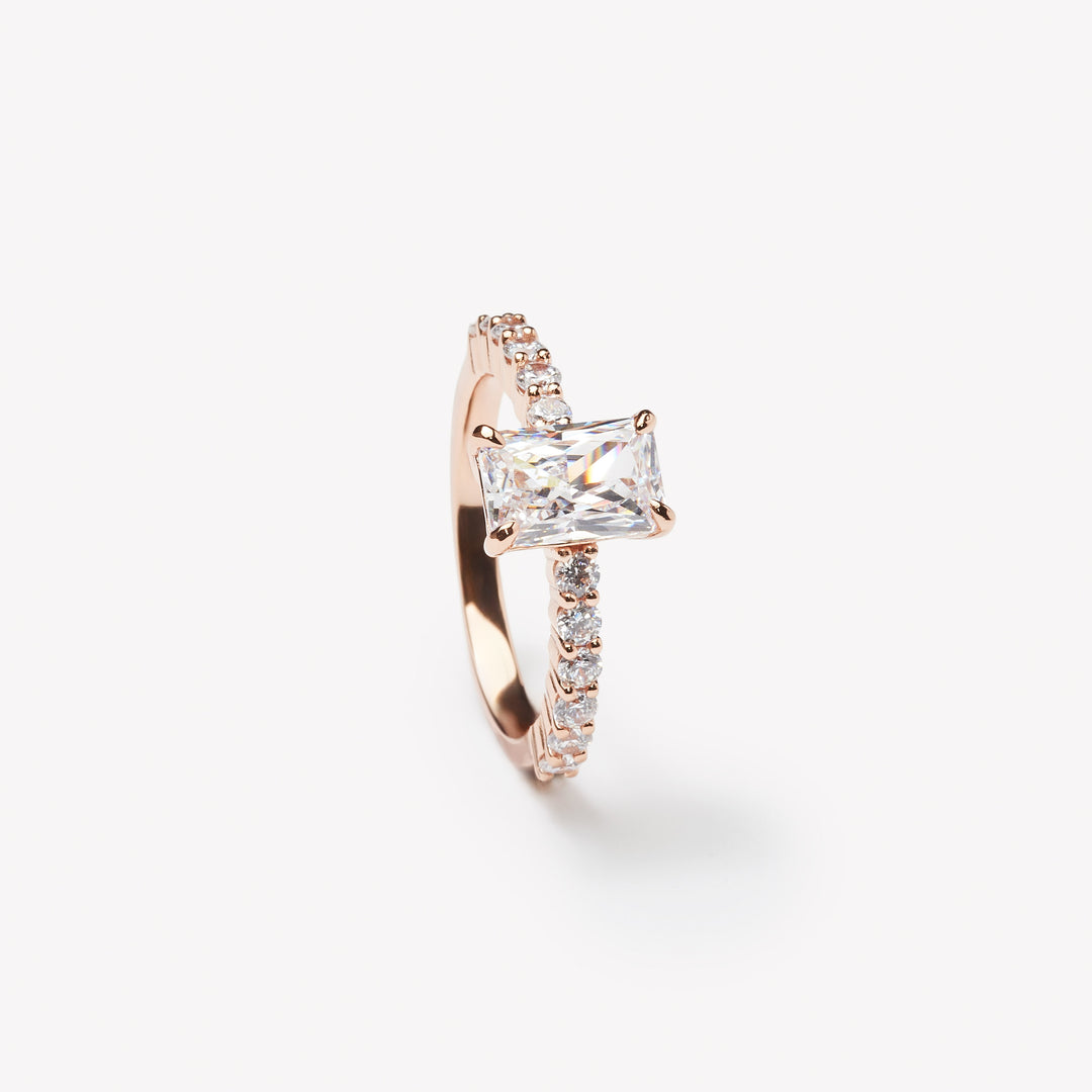 Radiant cut engagement ring by IRALIS with pave band and lab-grown diamonds in DEF color, VS1–VS2 clarity, Zurich designed