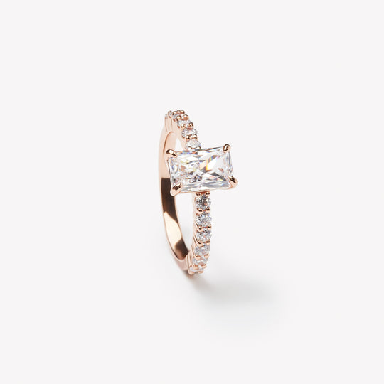 Radiant cut engagement ring by IRALIS with pave band and lab-grown diamonds in DEF color, VS1–VS2 clarity, Zurich designed