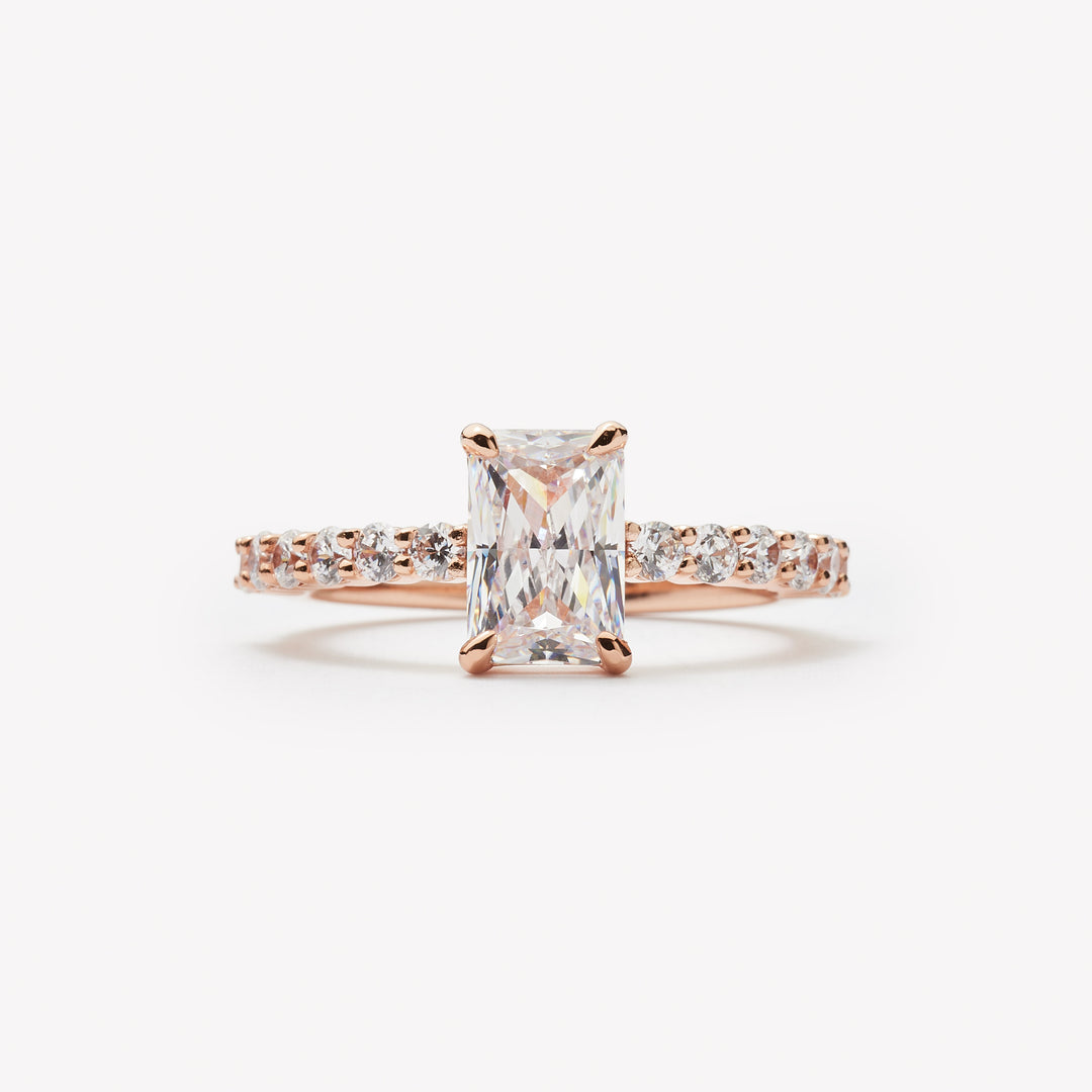 Radiant cut engagement ring by IRALIS with pave band and lab-grown diamonds in DEF color, VS1–VS2 clarity, Zurich designed