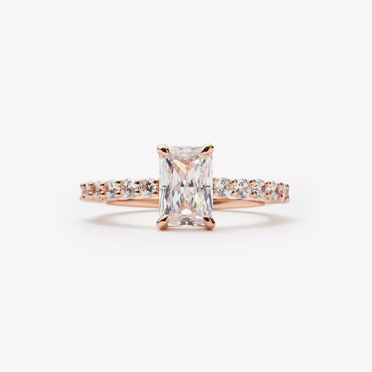 Radiant cut engagement ring by IRALIS with pave band and lab-grown diamonds in DEF color, VS1–VS2 clarity, Zurich designed