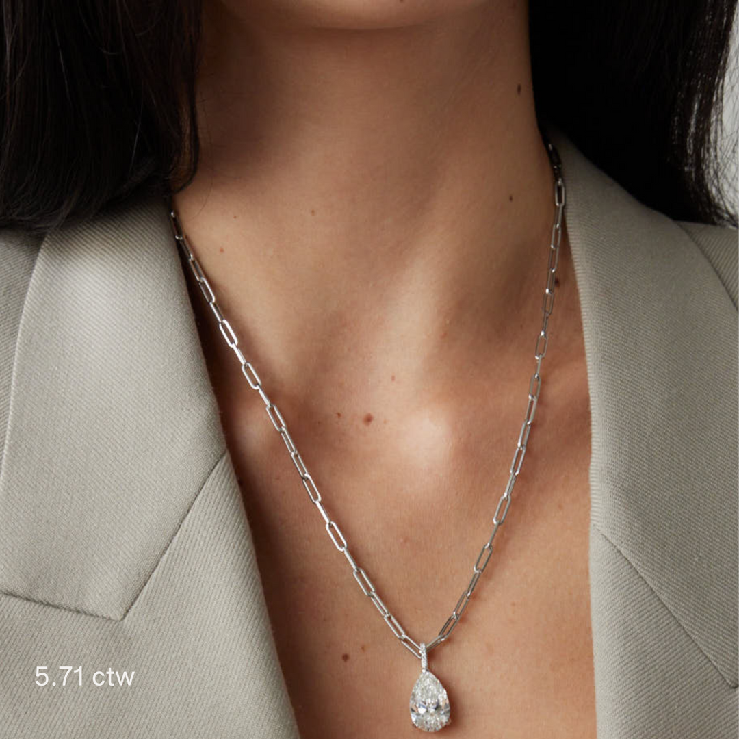 Elegant pear cut necklace by IRALIS featuring lab-grown DEF color diamonds, designed in Zurich on model