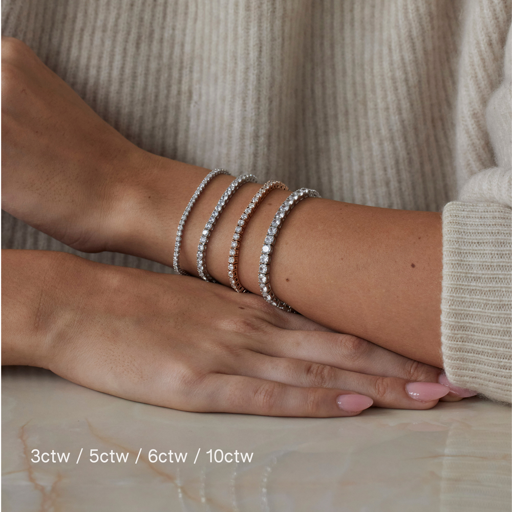 Classic 18k rose gold tennis bracelet with lab grown diamonds for timeless sophistication. Shown in different total carat weights.