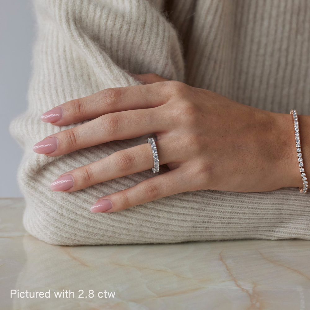 Round brilliant cut eternity ring by IRALIS featuring lab-grown diamonds in DEF color and VS1–VS2 clarity, Zurich designed