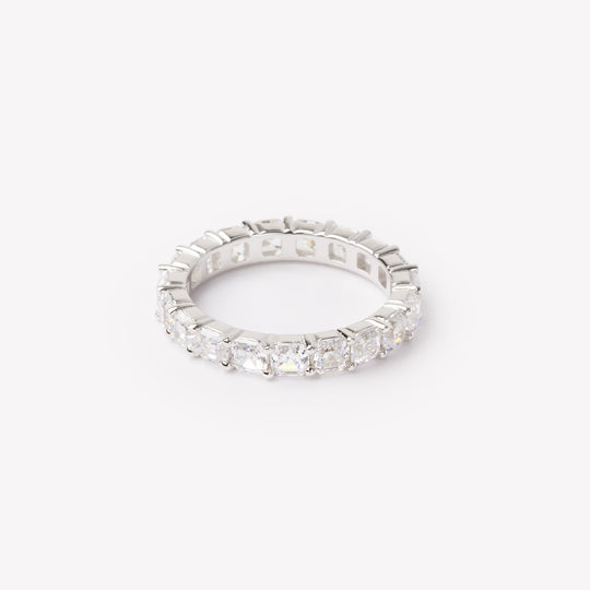 Asscher cut eternity ring by IRALIS featuring lab-grown diamonds in DEF color and VS1–VS2 clarity, Zurich designed