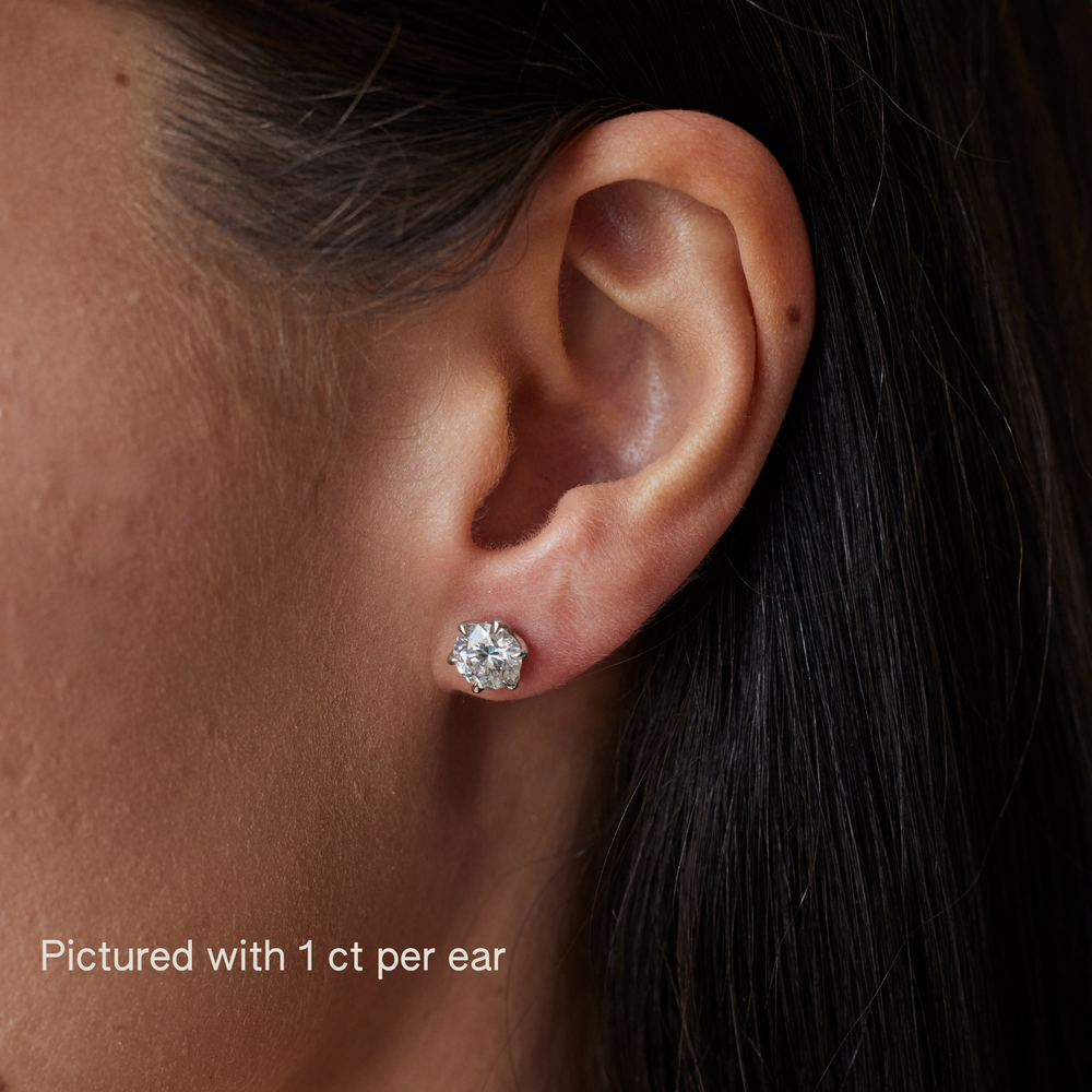 Elegant round brilliant cut diamond stud on model earrings in 18k white gold prong settings, minimalist luxury style.