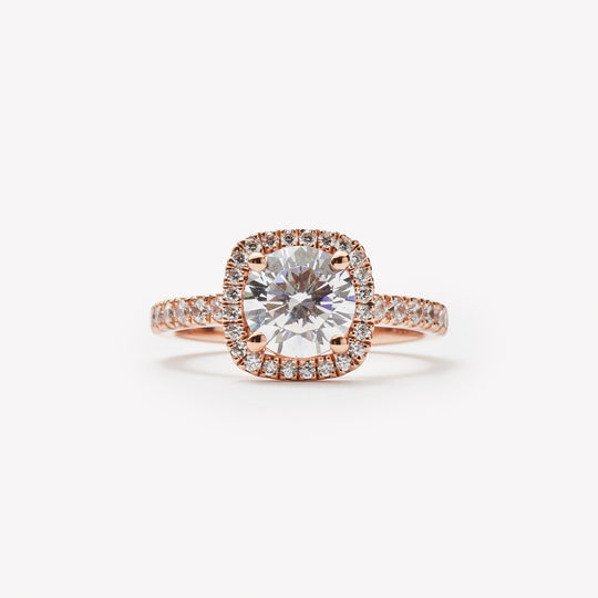 Round cut engagement ring with square halo by IRALIS – Zurich-designed fine jewelry with pave setting and VS1–VS2 clarity.
