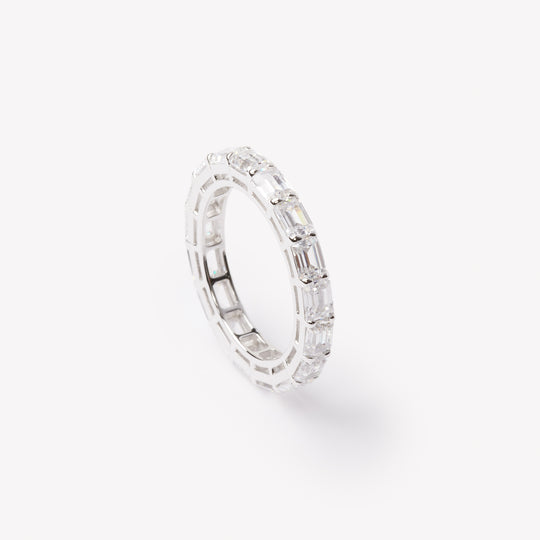 Baguette cut eternity ring by IRALIS featuring lab-grown diamonds in DEF color and VS1–VS2 clarity, Zurich designed
