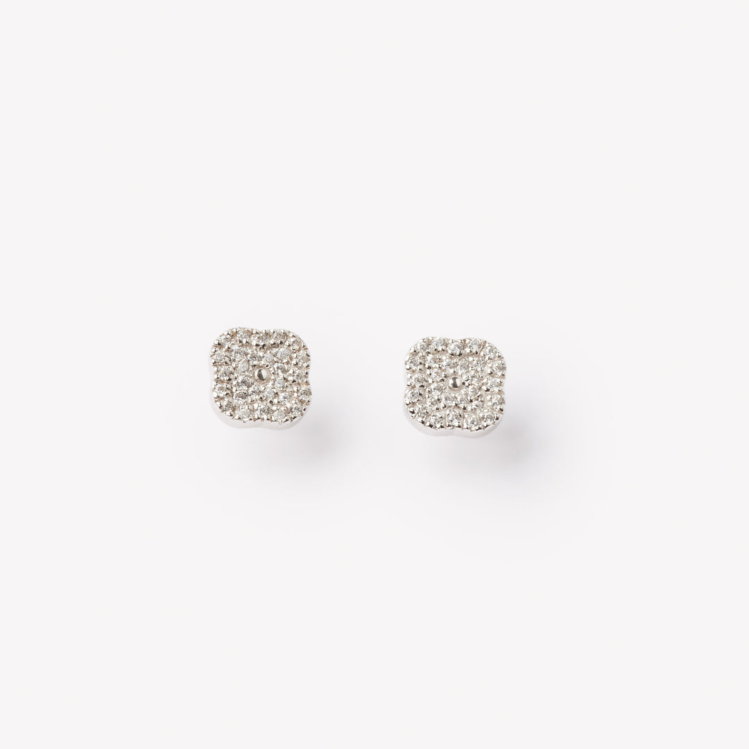 18k gold lab grown diamond studs. rounded square shape with round cut diamonds.