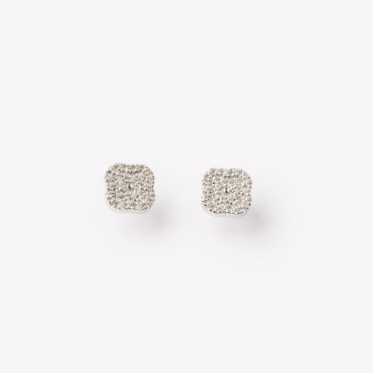 18k gold lab grown diamond studs. rounded square shape with round cut diamonds.