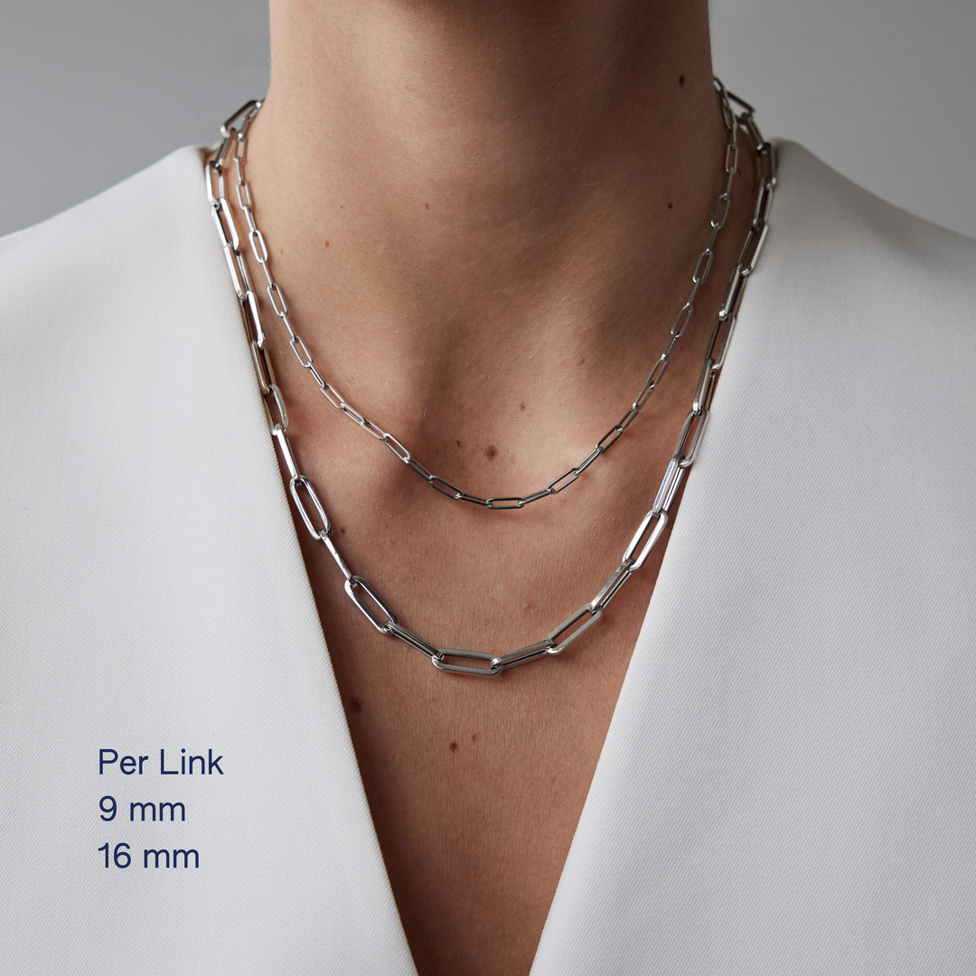 Chain link necklace by IRALIS crafted in polished metal with bold Parisian style, designed in Zurich and made to order on model