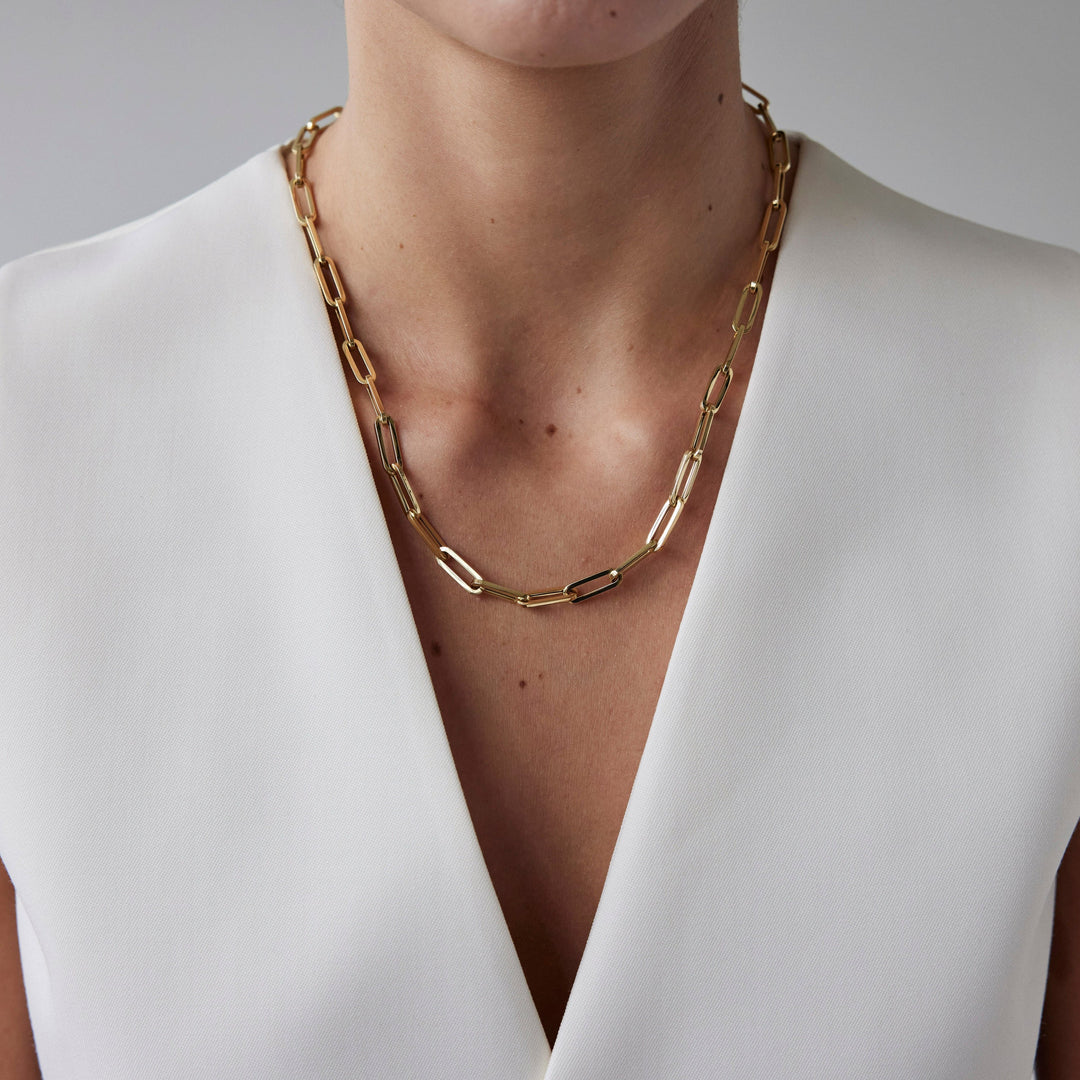 Chain link necklace by IRALIS crafted in polished metal with bold Parisian style, designed in Zurich and made to order on model