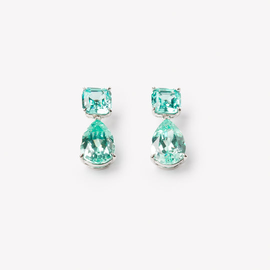 18k white gold paraiba earrings. Pear and asscher cut with classic tiger claw setting.
