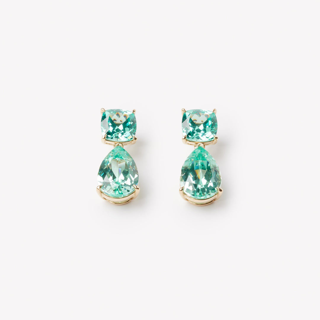 18k yellow gold paraiba earrings. Pear and asscher cut with classic tiger claw setting.