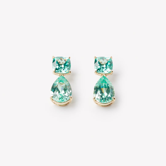 18k yellow gold paraiba earrings. Pear and asscher cut with classic tiger claw setting.