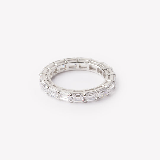 Baguette cut eternity ring by IRALIS featuring lab-grown diamonds in DEF color and VS1–VS2 clarity, Zurich designed