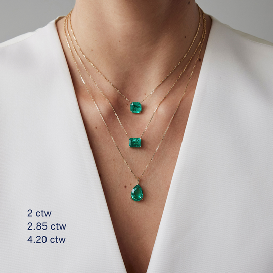 Elegant pear cut necklace by IRALIS showcasing lab-grown emeralds, Zurich designed and custom made on model