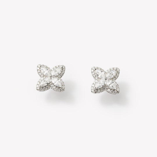 18k white gold lab grown diamond studs. Four marquise cut diamonds embedded in round brilliant cut diamonds.