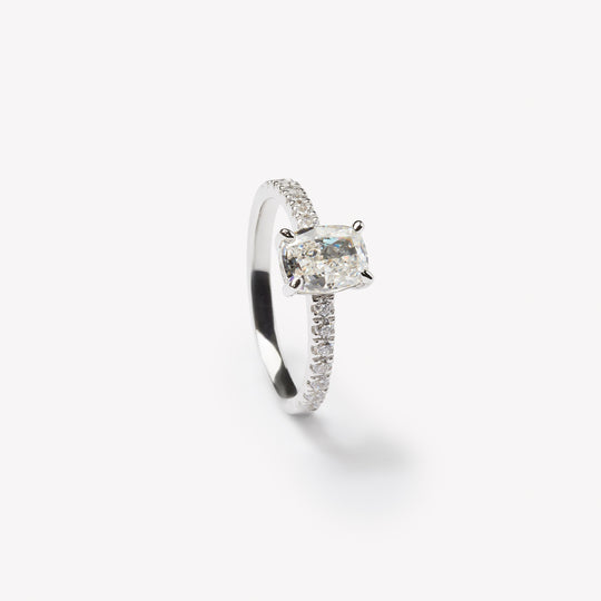 Elongated cushion cut engagement ring by IRALIS featuring lab-grown diamonds in DEF color and VS1–VS2 clarity, Zurich designed