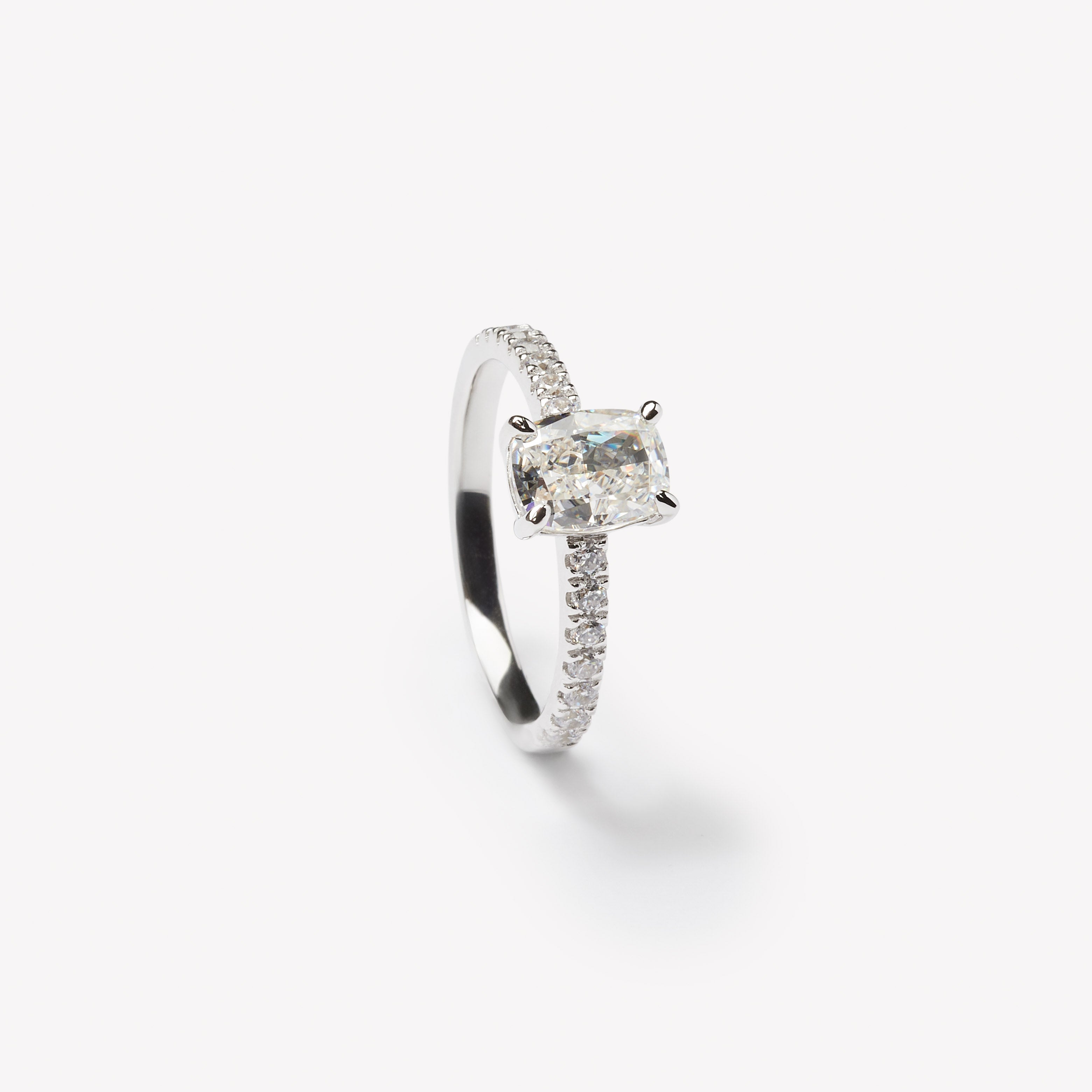 Elongated cushion cut engagement ring by IRALIS featuring lab-grown diamonds in DEF color and VS1–VS2 clarity, Zurich designed