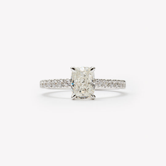 Elongated cushion cut engagement ring by IRALIS featuring lab-grown diamonds in DEF color and VS1–VS2 clarity, Zurich designed