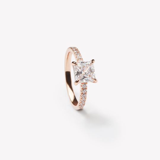 Princess cut engagement ring by IRALIS featuring lab-grown diamonds in DEF color and VS1–VS2 clarity, Zurich designed