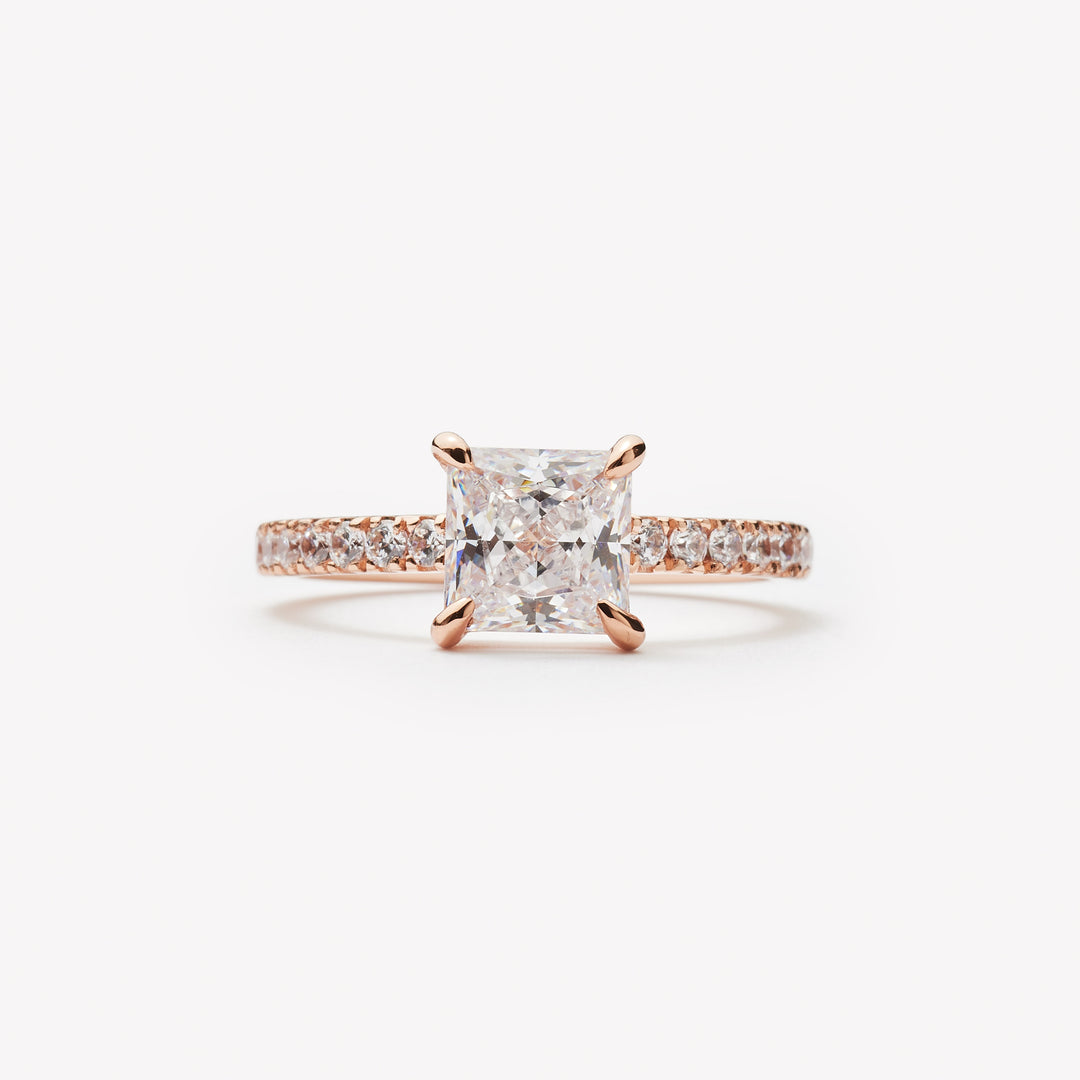 Princess cut engagement ring by IRALIS featuring lab-grown diamonds in DEF color and VS1–VS2 clarity, Zurich designed