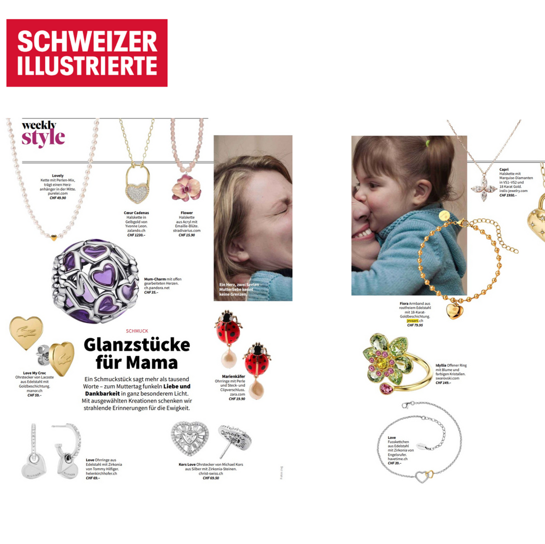 Magazine page with jewelry images and text, featuring 'Schweizer Illustrierte' and 'week style'.