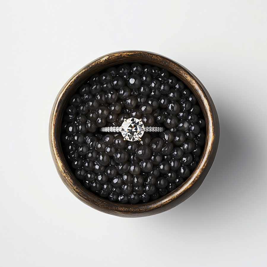 Diamond ring in a bowl of black caviar on a light gray background