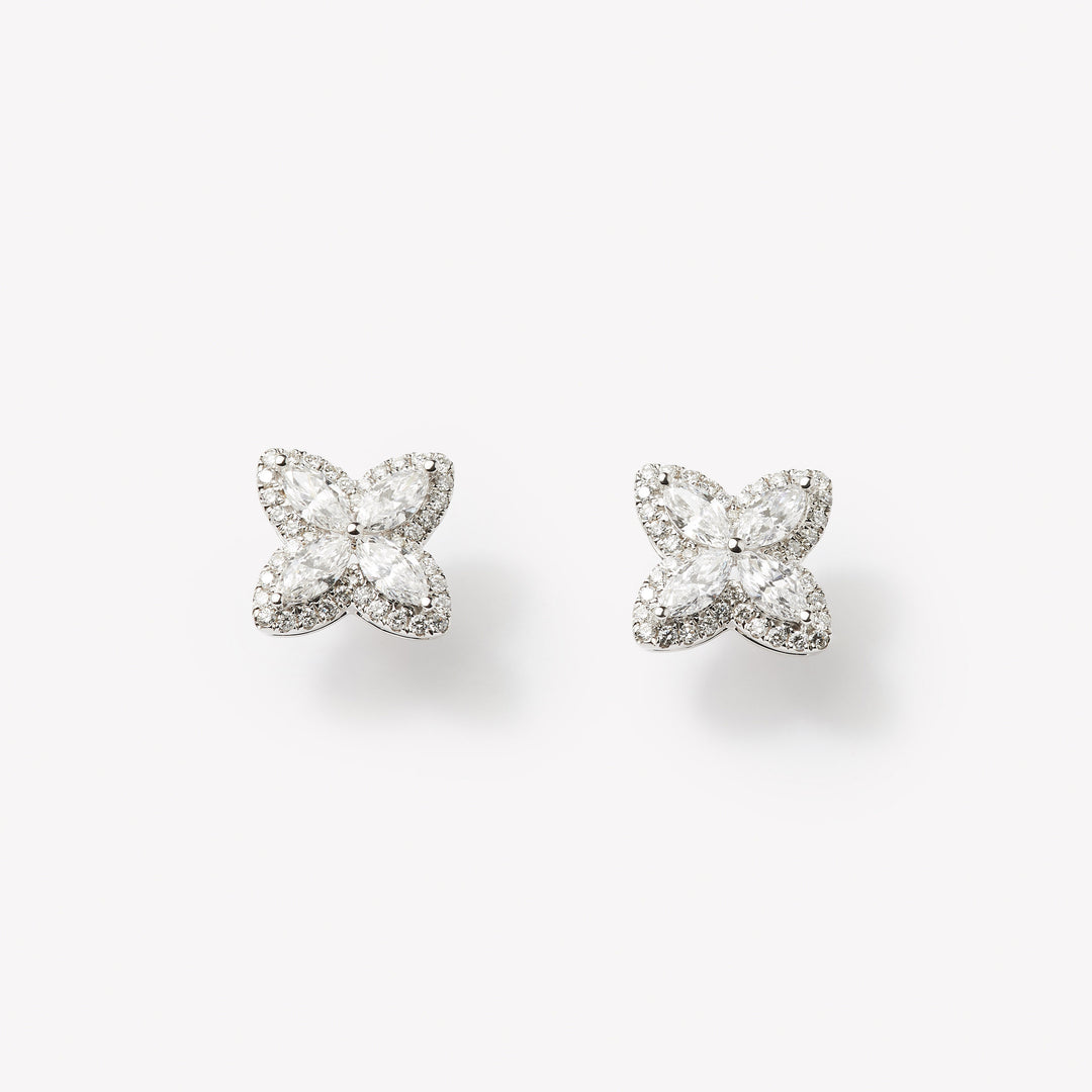 18k white gold lab grown diamond studs. Four marquise cut diamonds embedded in round brilliant cut diamonds.