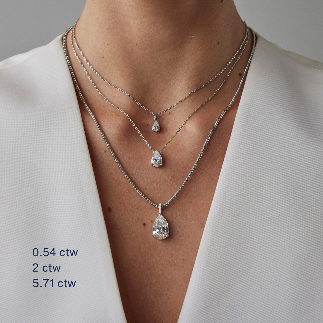 Elegant pear cut necklace by IRALIS featuring lab-grown DEF color diamonds in 18k gold, Zurich designed on model