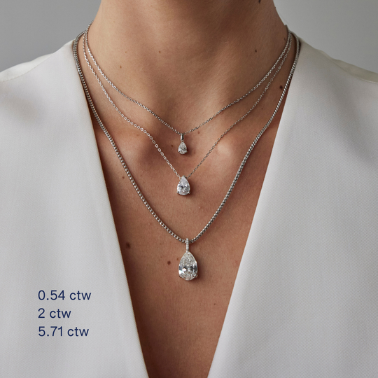 Elegant pear cut necklace by IRALIS featuring lab-grown DEF color diamonds in 18k gold, Zurich designed on model