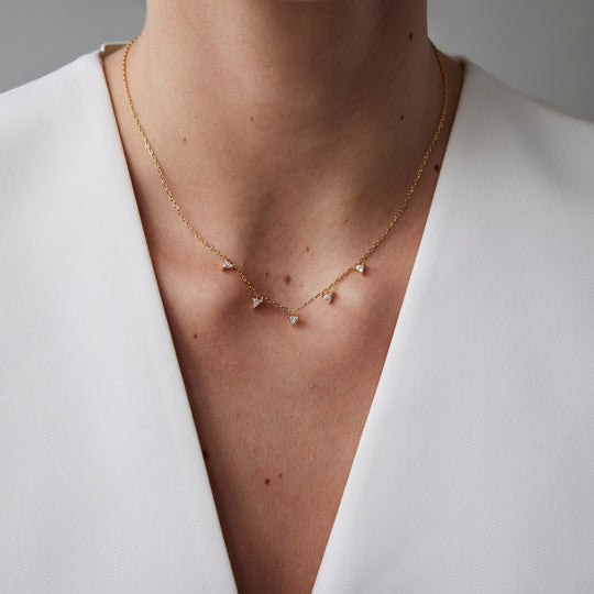 Round brilliant cut necklace by IRALIS featuring lab-grown DEF color diamonds in 18k gold, Zurich designed on model