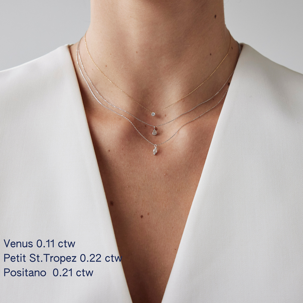 Zurich designed round diamond necklace by IRALIS with lab-grown DEF color stones and timeless elegance on model